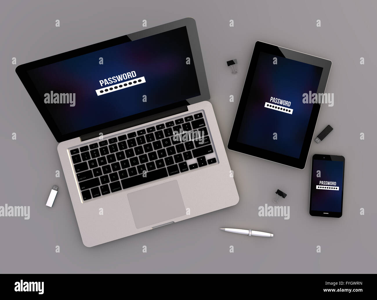 3D render del concetto di sicurezza che i dispositivi con computer laptop, tablet pc e smartphone touchscreen. vista dall'alto. Tutti i grafici dello schermo Foto Stock