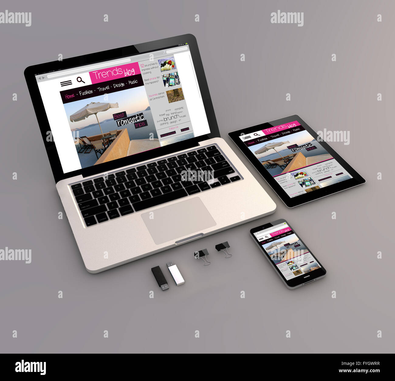 Tendenze reattive sito blog: aprire il portatile con digital tablet e smartphone. 3d generati. Tutti i grafici dello schermo sono costituiti. Foto Stock