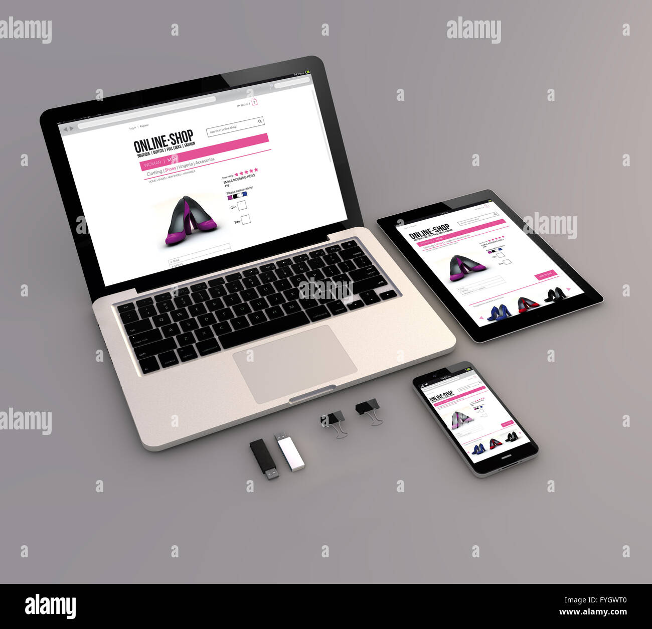 Risponde online shop: aprire il portatile con digital tablet e smartphone. 3d generati. Tutti i grafici dello schermo sono costituiti. Foto Stock