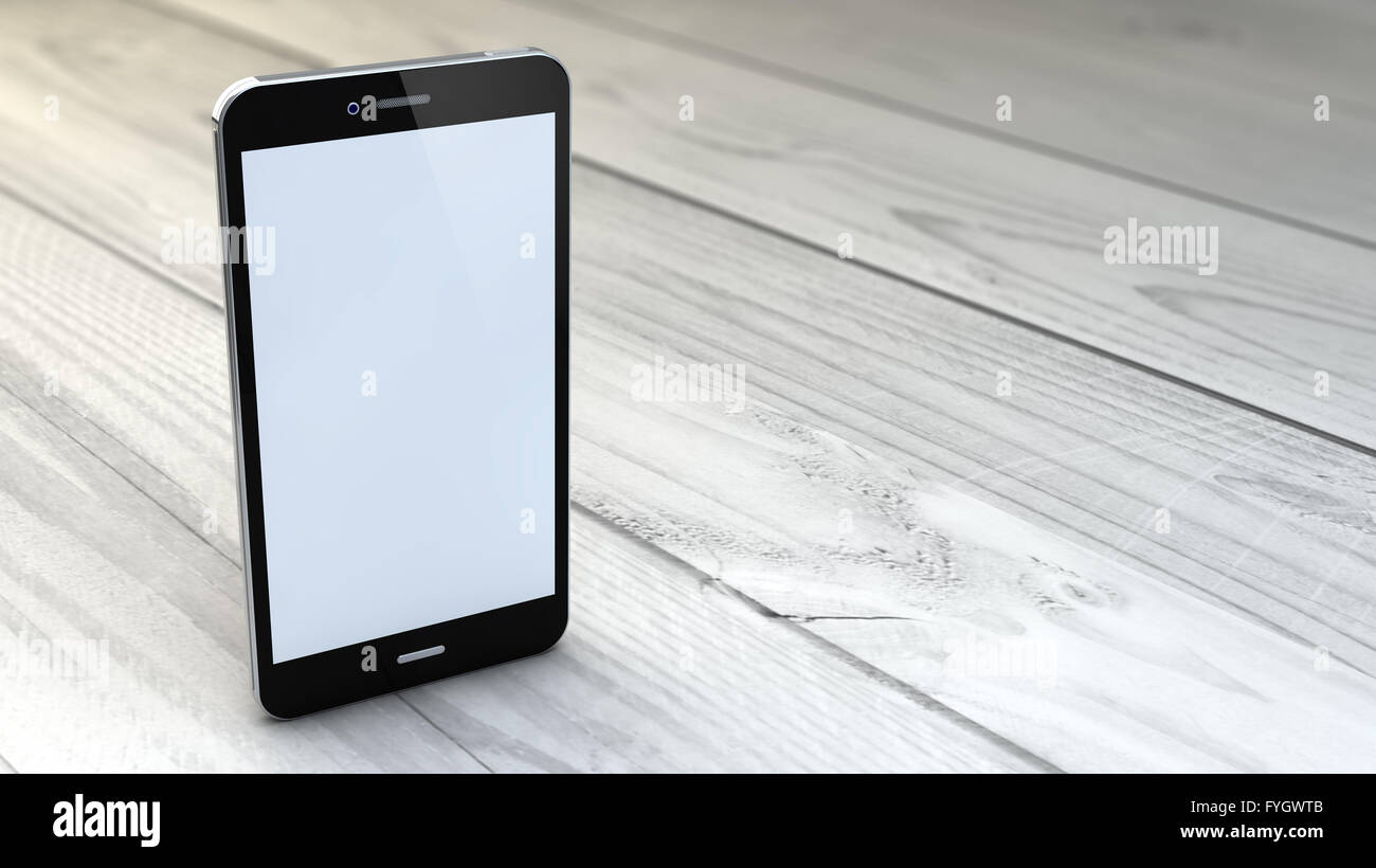 Digital generato smartphone bianco su bianco sullo sfondo di legno Foto Stock