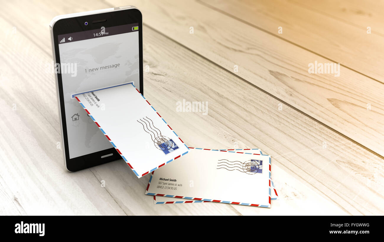 Moderno concetto di comunicazione digitale: smartphone generato la ricezione di un messaggio di posta elettronica. Tutti i grafici dello schermo sono costituiti. Foto Stock