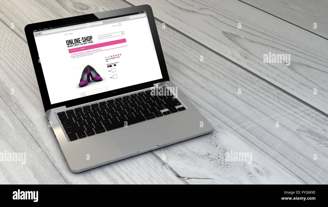 Generata digitale online shop computer su un tavolo di legno. Grafici dello schermo sono costituiti. Foto Stock