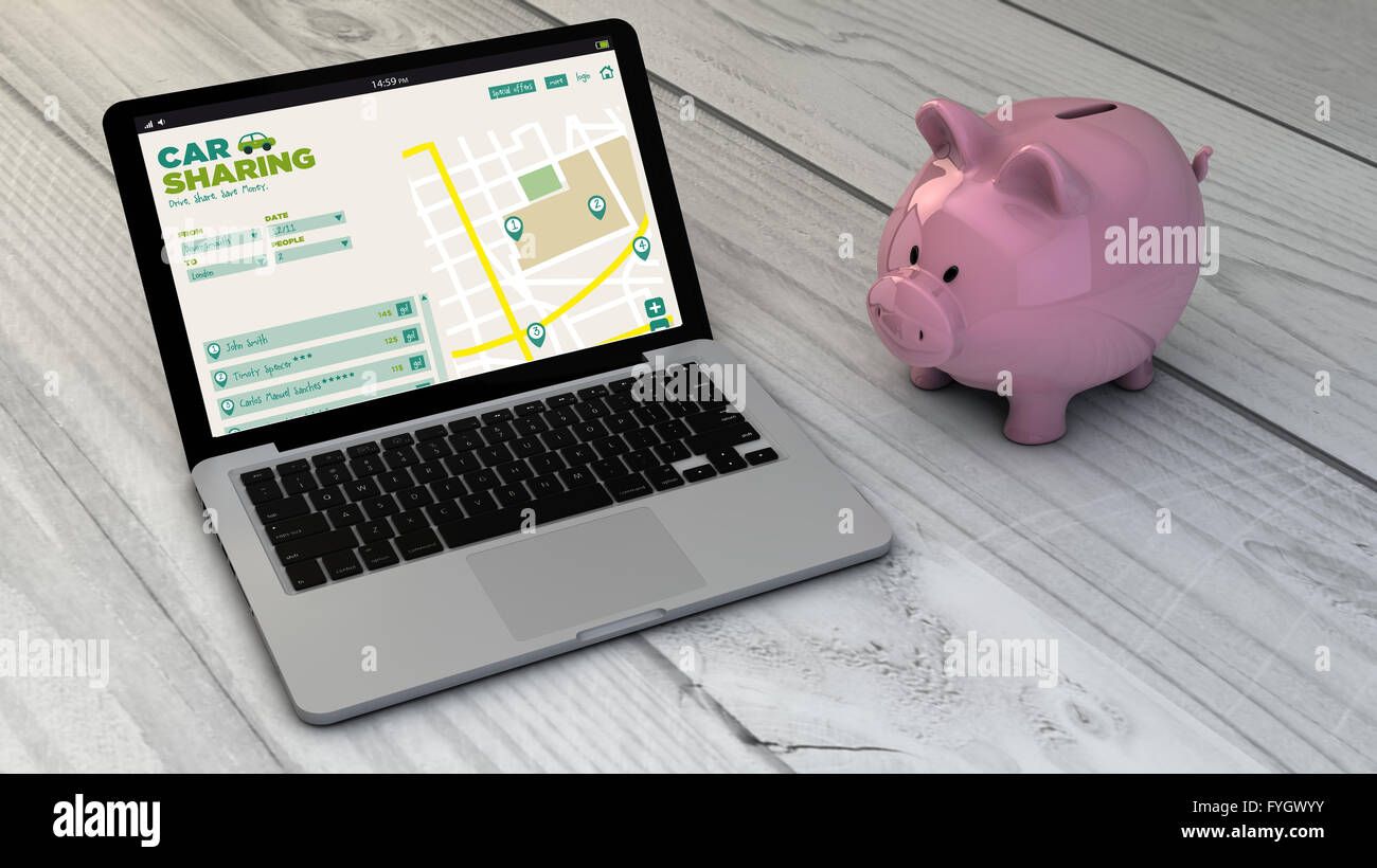 Risparmiare denaro condivisione online auto concetto: piggybank e il car sharing on line il sito laptop sulla scrivania in legno. Tutti i grafici dello schermo sono ma Foto Stock