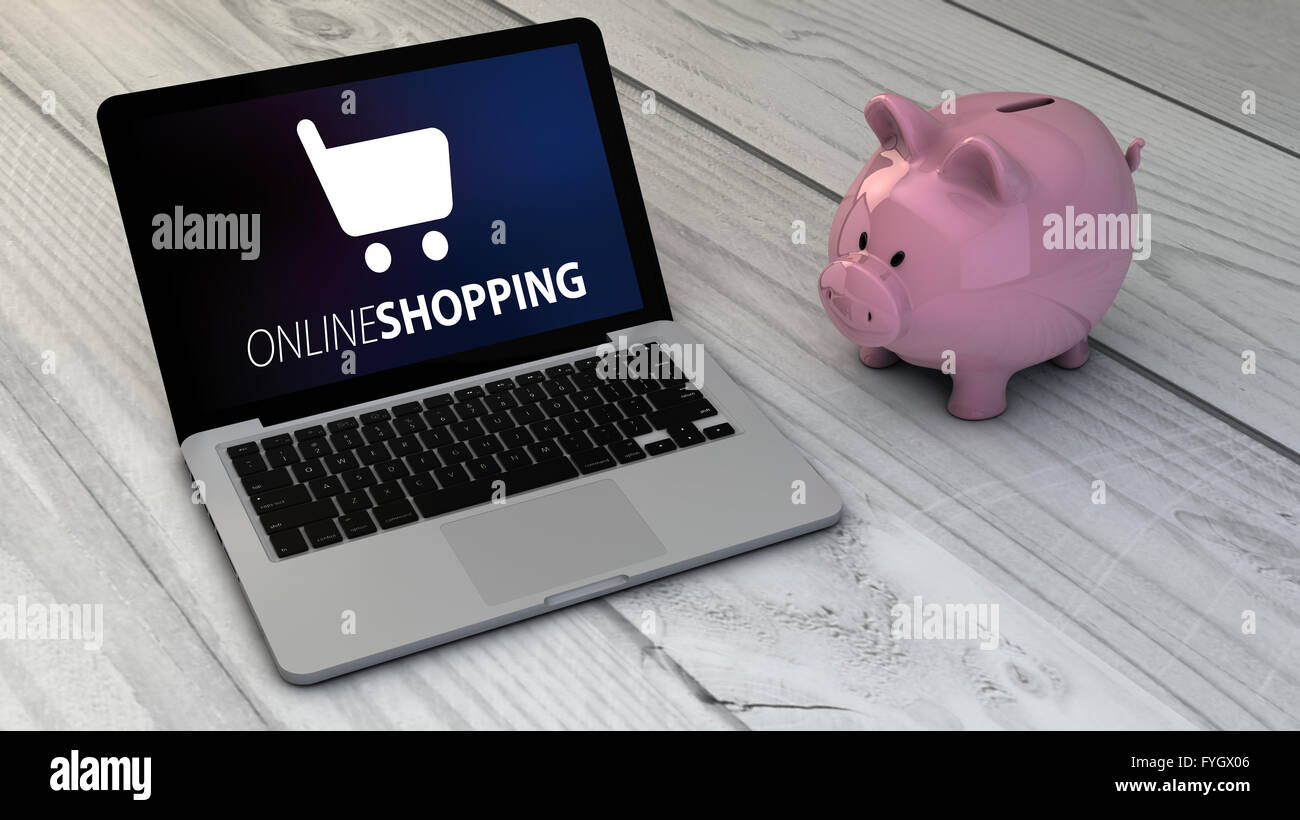 Lo shopping online e risparmiare denaro concetto: piggybank e negozio on line il sito laptop sulla scrivania in legno. Tutti i grafici dello schermo sono realizzati fino Foto Stock