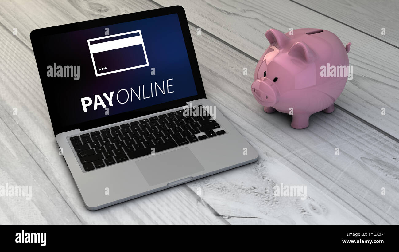Pagamento online e risparmiare denaro concetto: piggybank e pagare online laptop sulla scrivania in legno. Tutti i grafici dello schermo sono realizzati fino Foto Stock