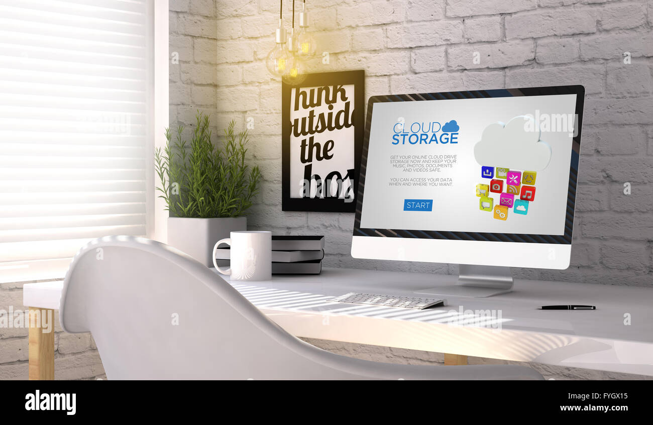 Concetto di tecnologia: Computer generato con lo storage cloud sito web sullo schermo sul posto di lavoro elegante. Tutti i grafici sono fatti. Foto Stock