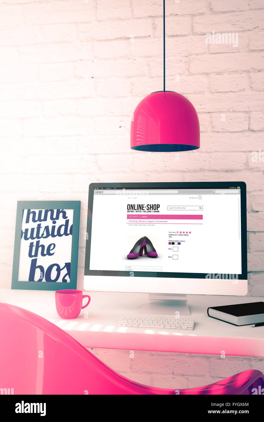 Rosa con area di lavoro online shop sito web. 3d'illustrazione. Foto Stock