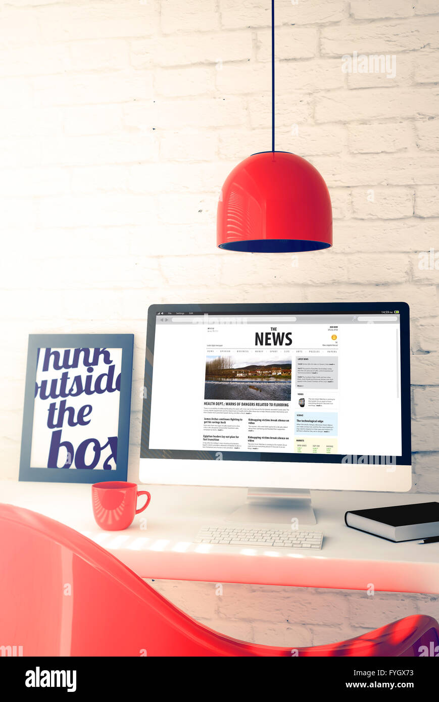 Red workspace con il sito web di notizie. 3d'illustrazione. Foto Stock