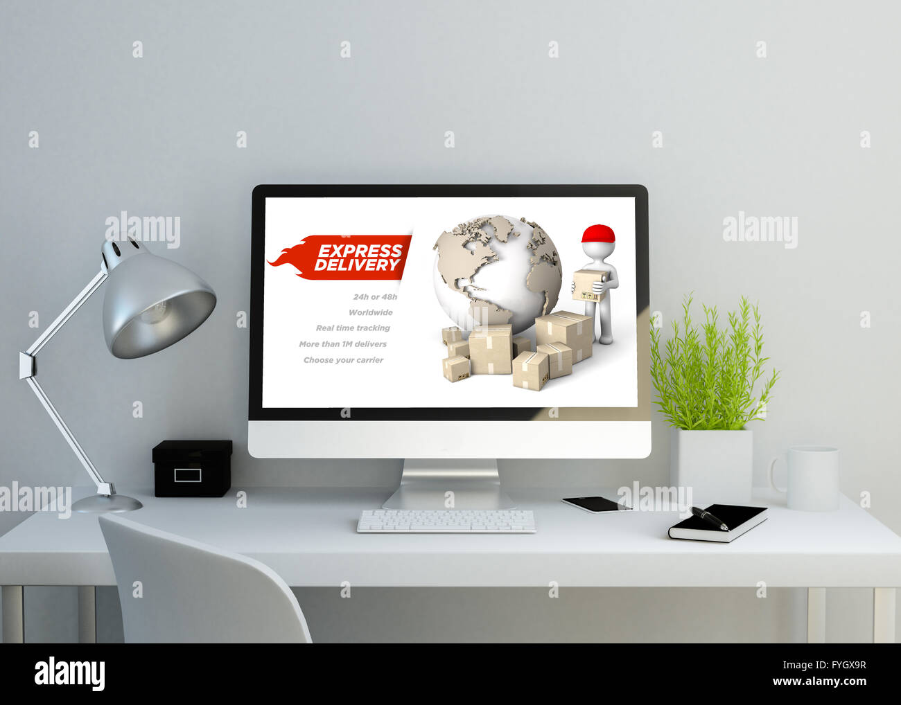 Moderna area di lavoro pulito mockup con consegna espressa sito web sullo schermo. 3D illustrazione. Tutti i grafici dello schermo sono costituiti. Foto Stock