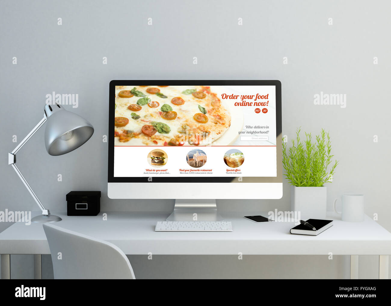 Moderna area di lavoro pulito mockup con ordinare del cibo sito online sullo schermo. 3D illustrazione. Tutti i grafici dello schermo sono costituiti. Foto Stock