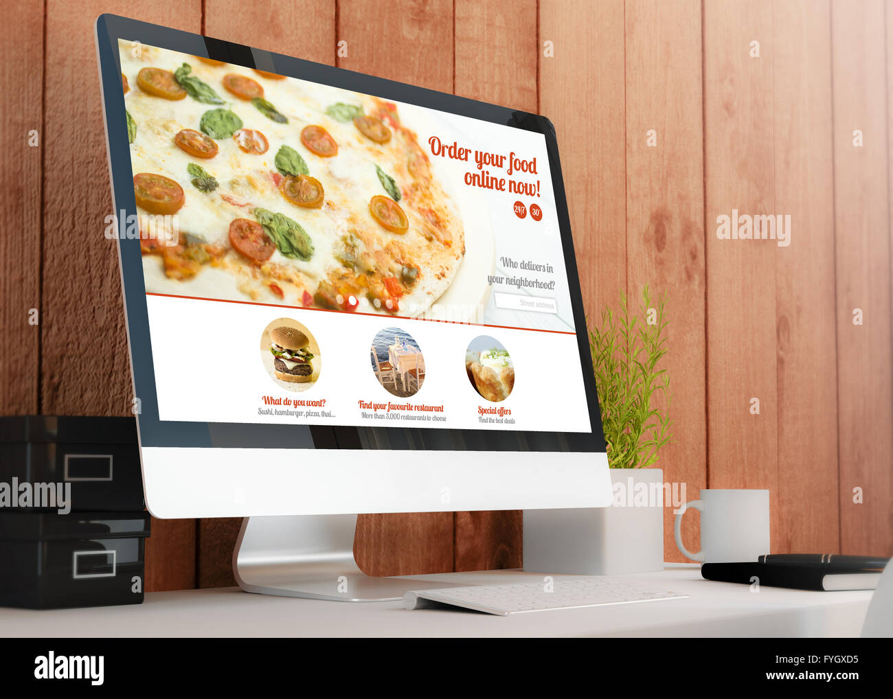 Moderne in legno lavoro con computer che mostra ordinare del cibo sito online. Tutti i grafici dello schermo sono costituiti. 3D'illustrazione. Foto Stock