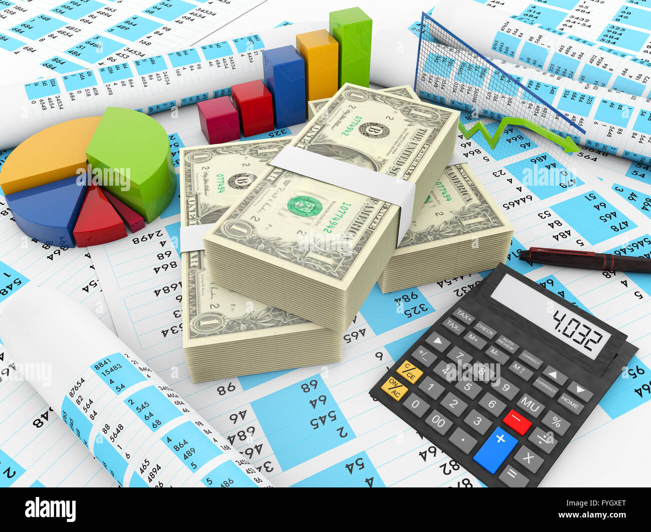 Dollaro finanze concetto: dollari, calcolatrice e rendering grafici Foto Stock