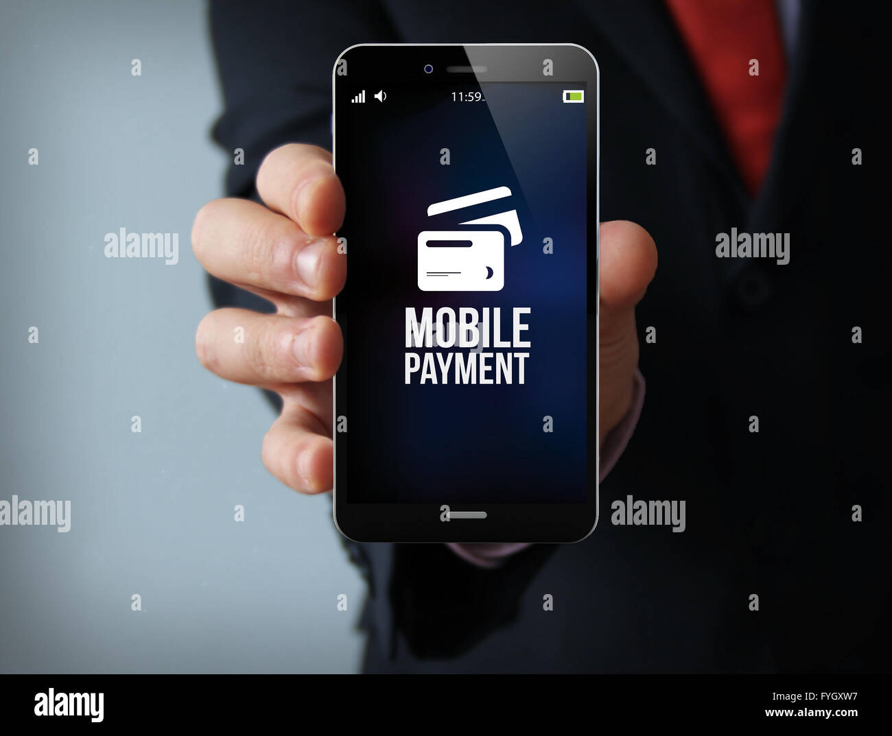 Tecnologie di nuova concezione di business: imprenditore mano che tiene un 3d generati toccare telefono con pagamento mobile sullo schermo. Schermo Foto Stock