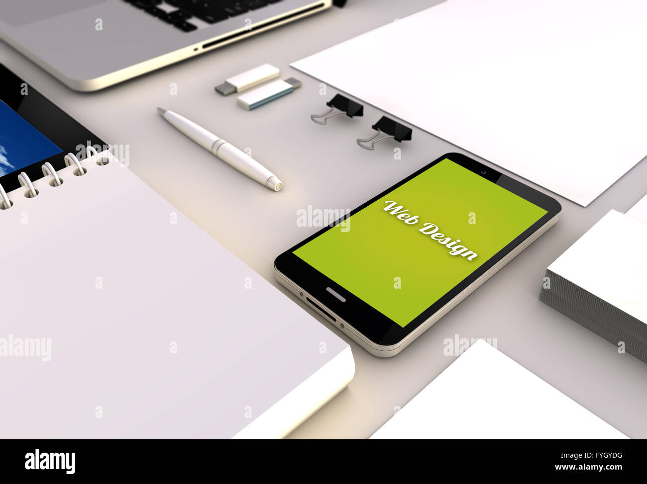 Progettazione e concetto di branding: vista ravvicinata di un 3d generati touchscreeen smartphone con web design sullo schermo. Schermo grafico Foto Stock