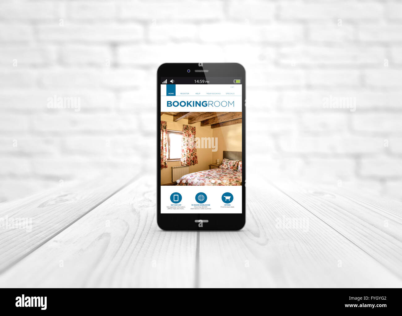 Azienda moderna e concetto di comunicazione: digitale generato smart phone su un tavolo di legno con il sito di prenotazione. Tutti gli screen gra Foto Stock
