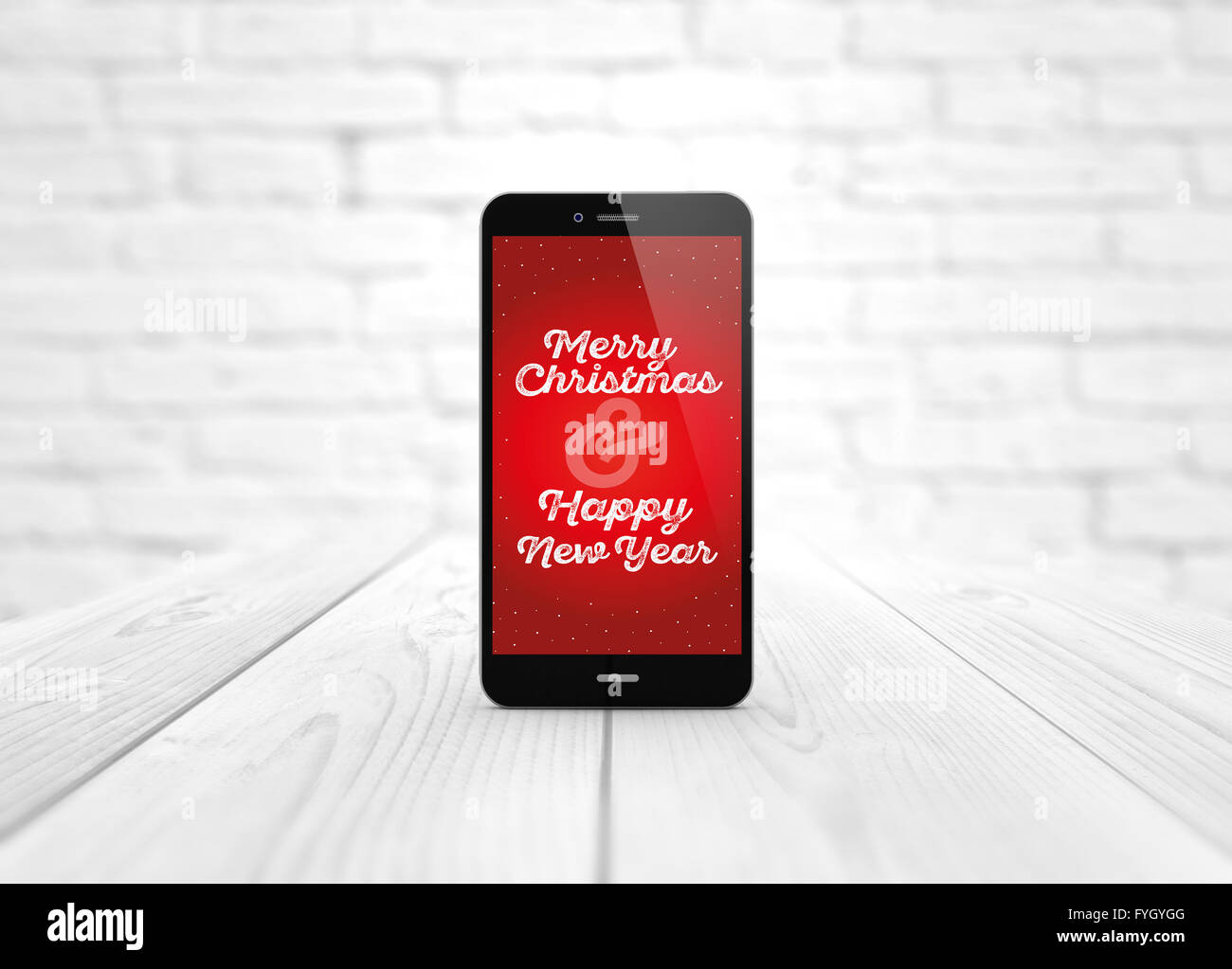 Lo stile di vita moderno concetto: digitale generato smart phone su un tavolo di legno con il Natale messaggio di saluto. Tutti i grafici dello schermo sono costituiti. Foto Stock
