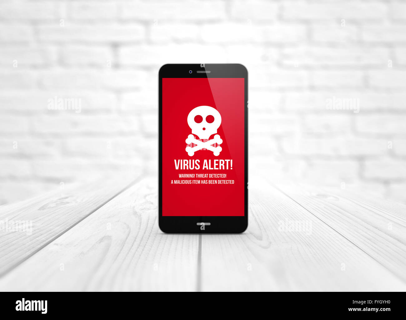Moderno concetto cibersecurity: digitale generato smart phone su un tavolo di legno con allarme virus. Tutti i grafici dello schermo sono costituiti. Foto Stock