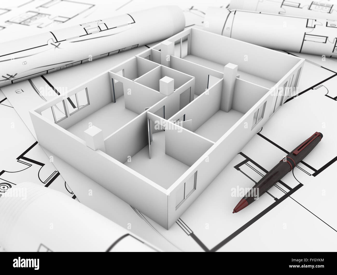 Concetto di architettura: eseguire il rendering di un vuoto struttura piatta su terreni e disegna tecnico Foto Stock