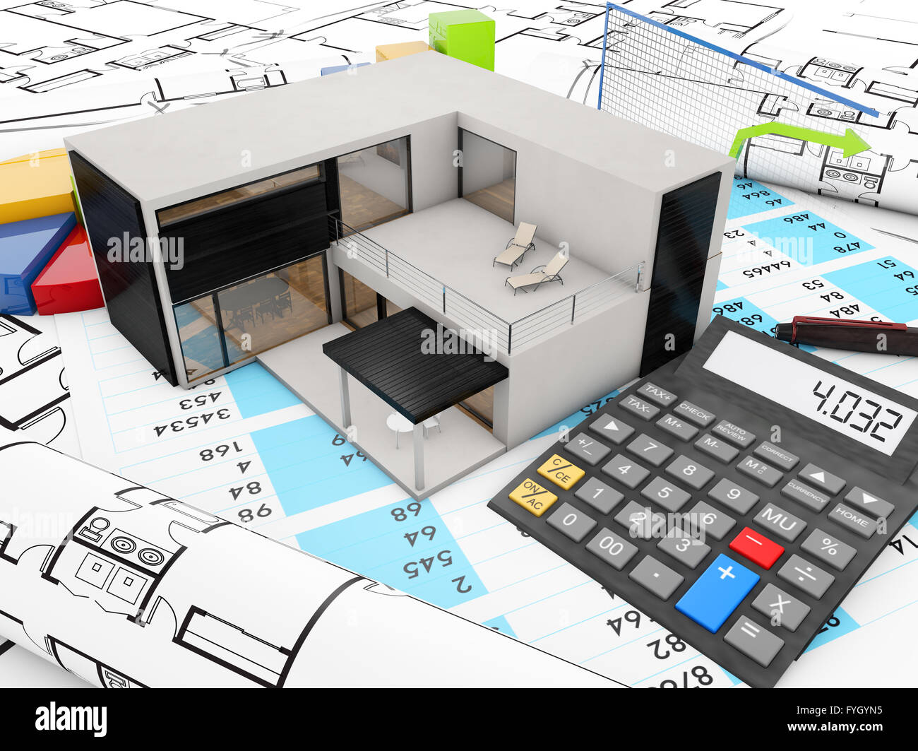 Real estate finanze con il concetto di casa modulare, grafica e calcolatrice Foto Stock