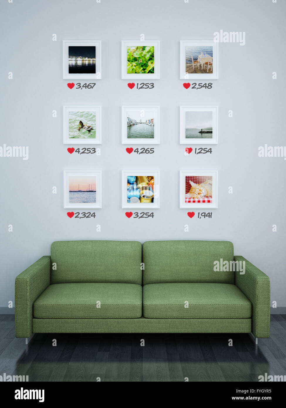 Social media concetto: soggiorno con immagini e ama sulla parete. 3D'illustrazione. Foto Stock