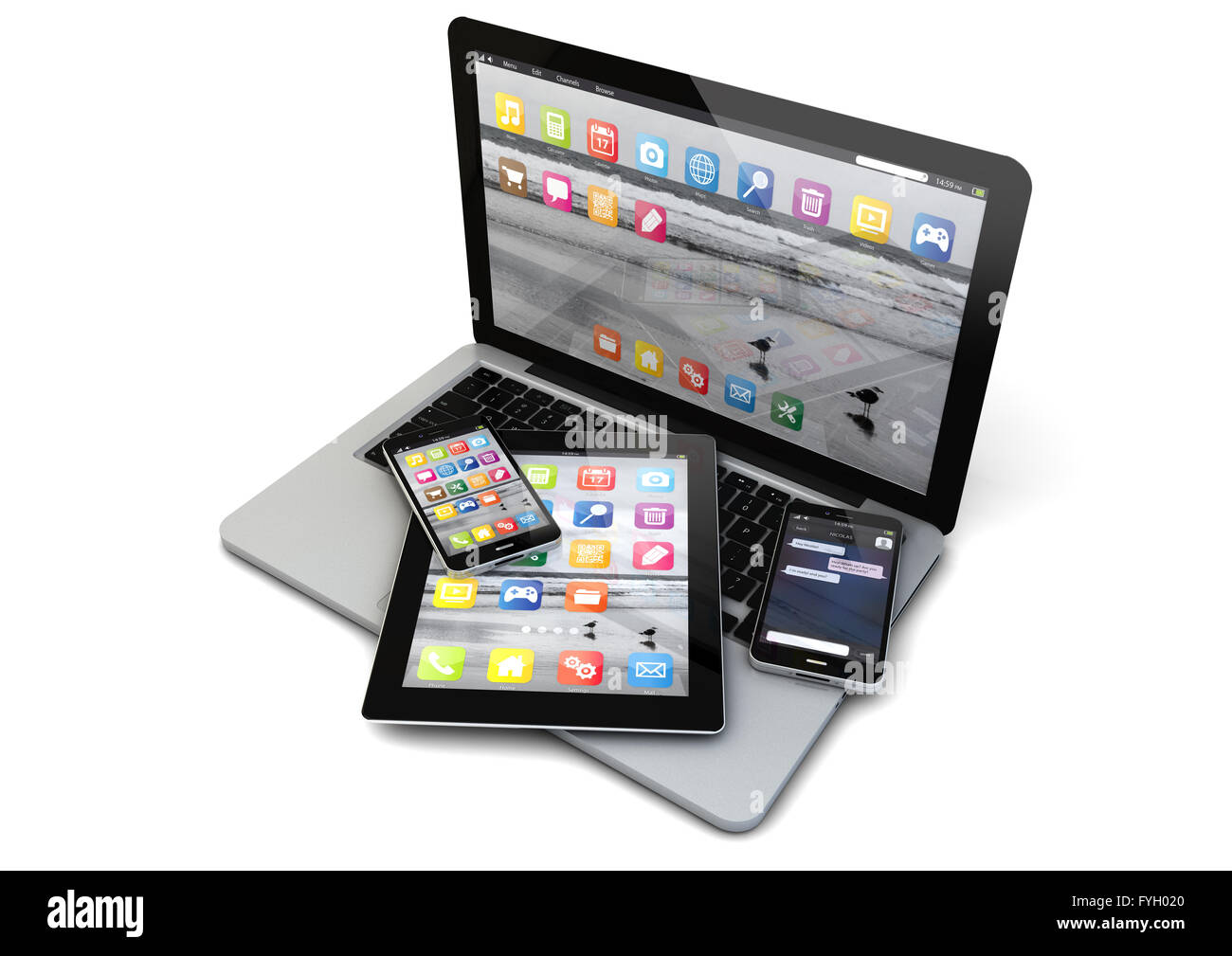 Eseguire il rendering di un laptop, smartphone e tablet pc Foto Stock
