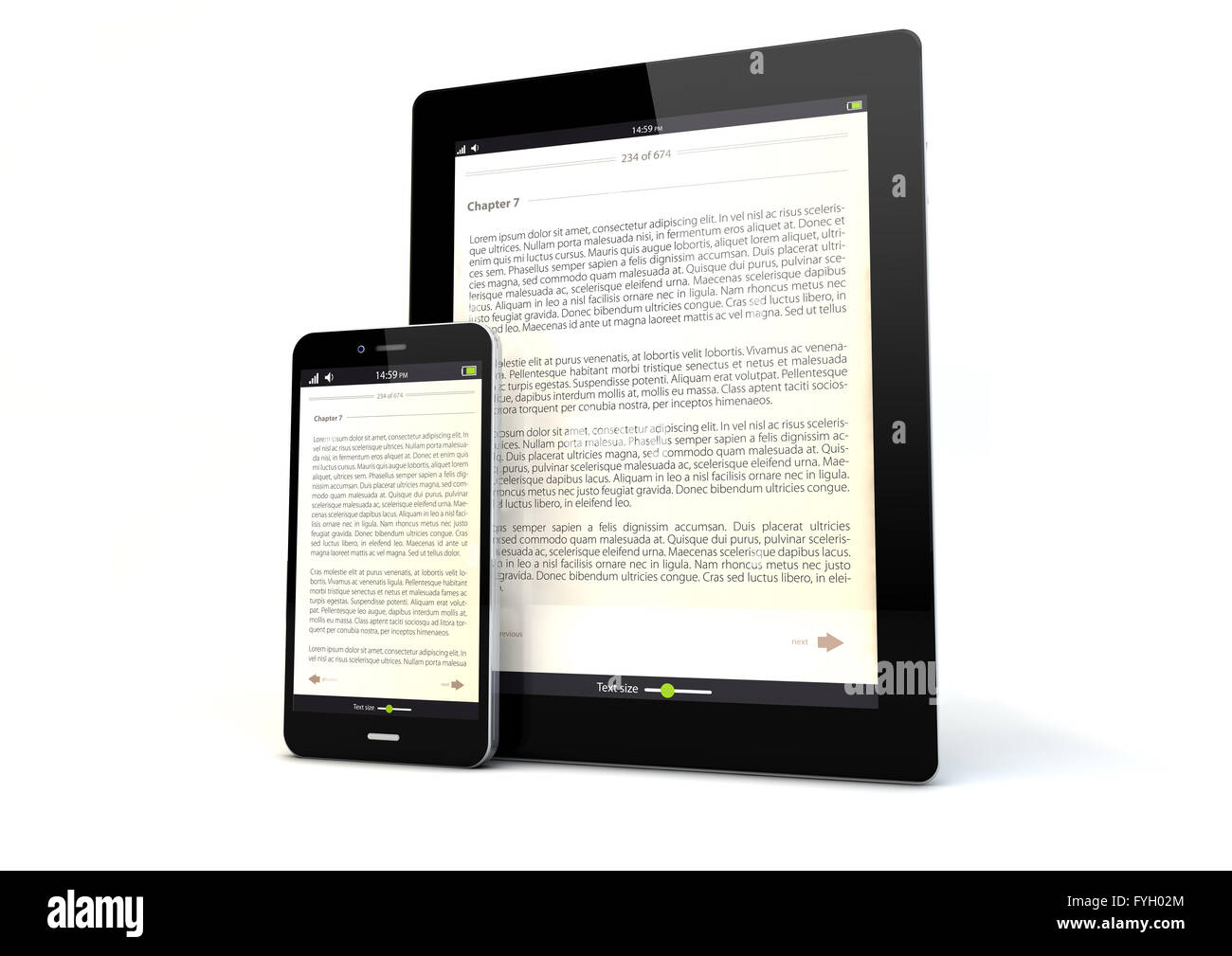Eseguire il rendering di un tablet PC e una smart phone con un libro app sullo schermo Foto Stock