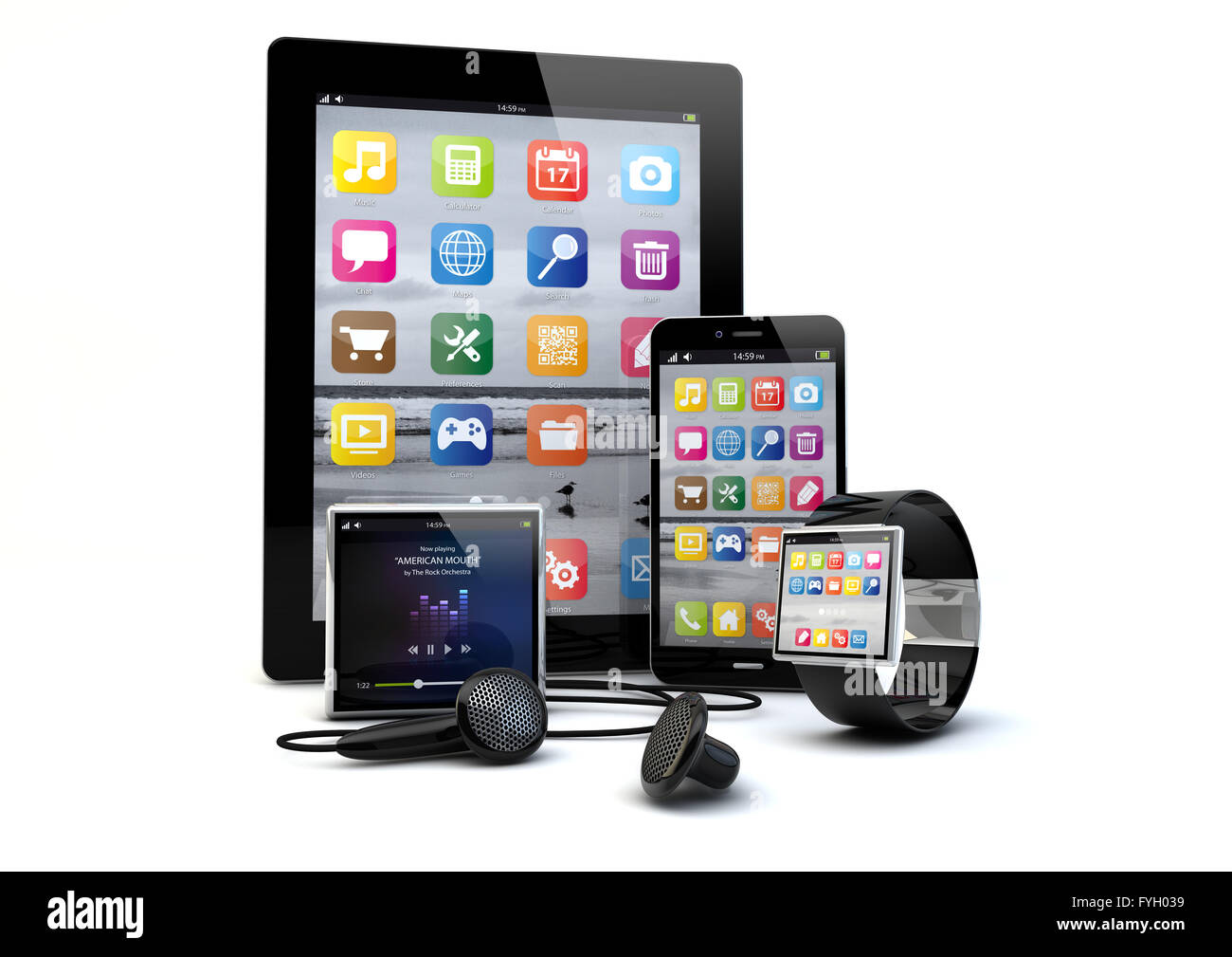 Eseguire il rendering di un gruppo di gadget: tablet pc, smart phone, smart watch e un lettore multimediale. Foto Stock