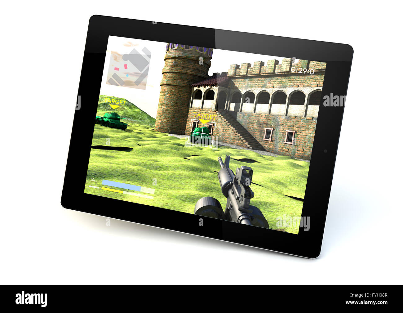 Eseguire il rendering di un tablet con un gioco sparatutto sullo schermo Foto Stock