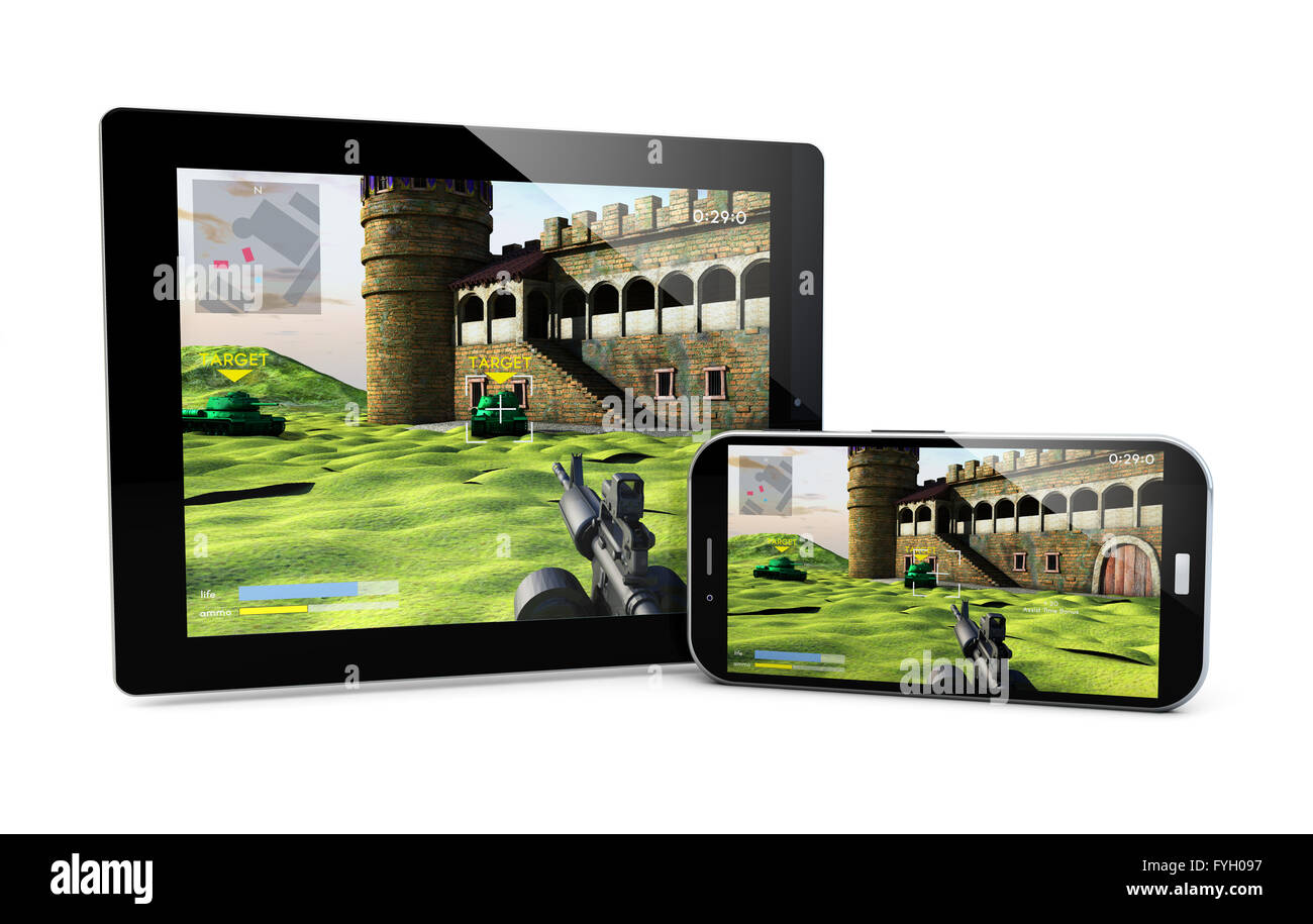 Eseguire il rendering di smartphone e tablet con un gioco per computer sullo schermo Foto Stock