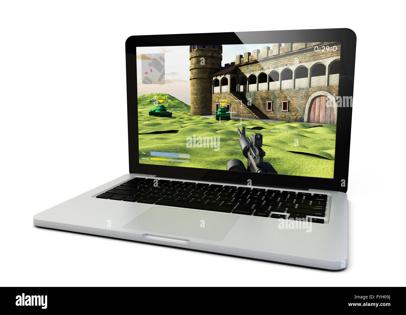 Eseguire il rendering di un computer con un gioco sparatutto sullo schermo Foto Stock