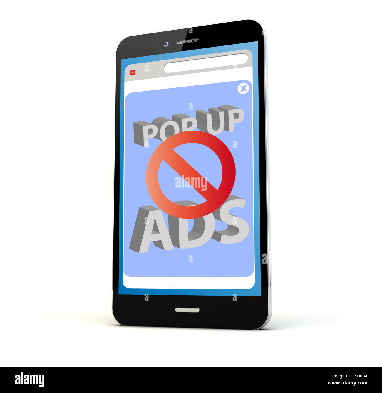 Eseguire il rendering di un telefono con annunci blocker sullo schermo isolato. Grafici dello schermo sono costituiti. Foto Stock