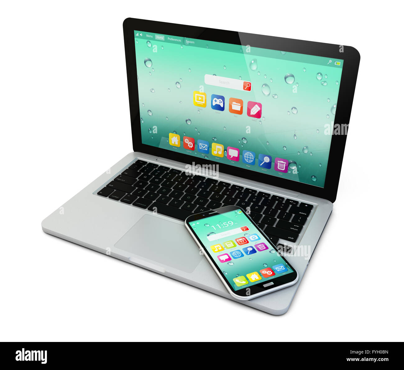 I dispositivi mobili di comunicazione senza fili e la tecnologia internet web concept: business laptop o notebook e touchscreen smartpho Foto Stock