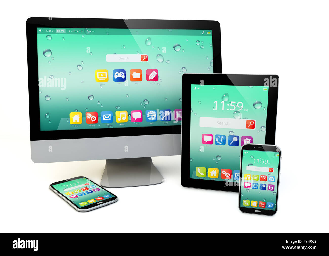 Laptop, notebook o netbook, PC mini computer tablet e smartphone  touchscreen e desktop display monitor schermo piatto isolato su w Foto  stock - Alamy