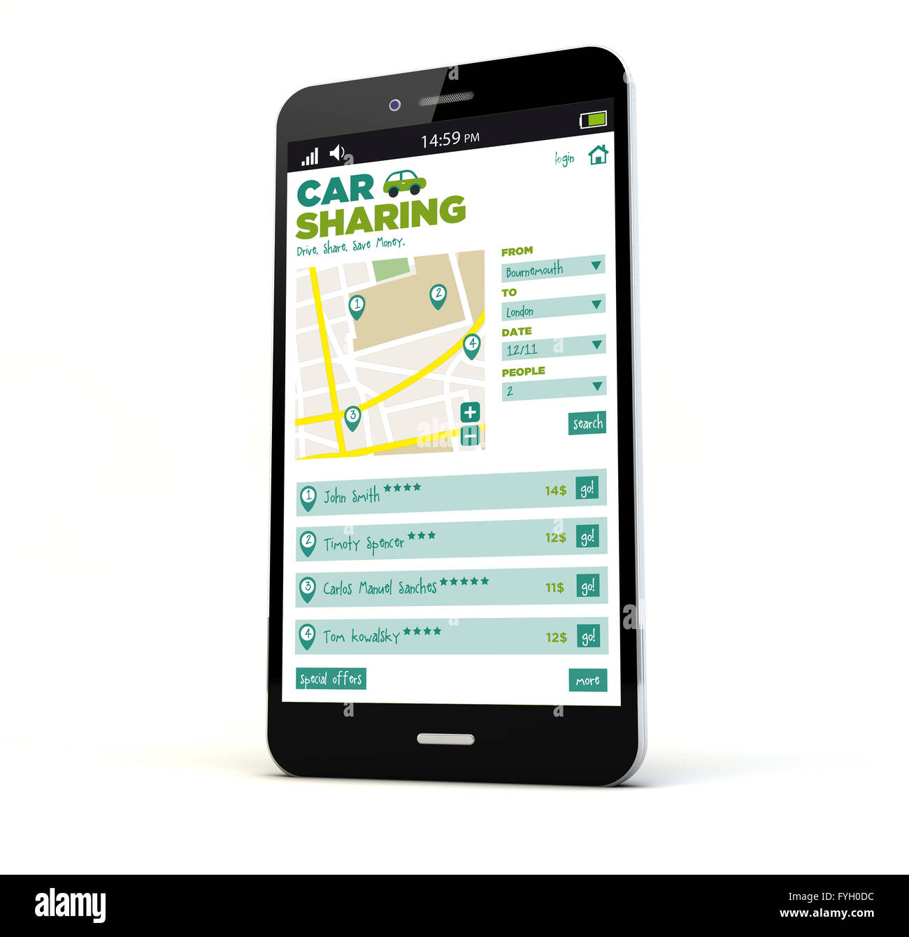 Eseguire il rendering di un telefono con il car sharing app sullo schermo isolato. Grafici dello schermo sono costituiti. Foto Stock