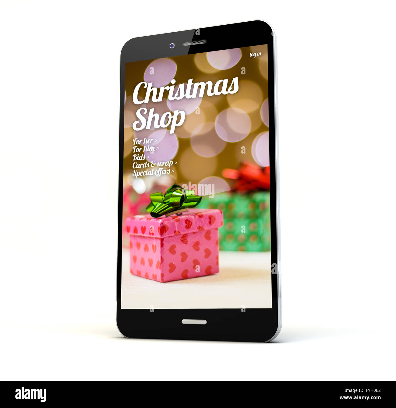 Eseguire il rendering di un telefono con negozio di natale sullo schermo isolato. Grafici dello schermo sono costituiti. Foto Stock