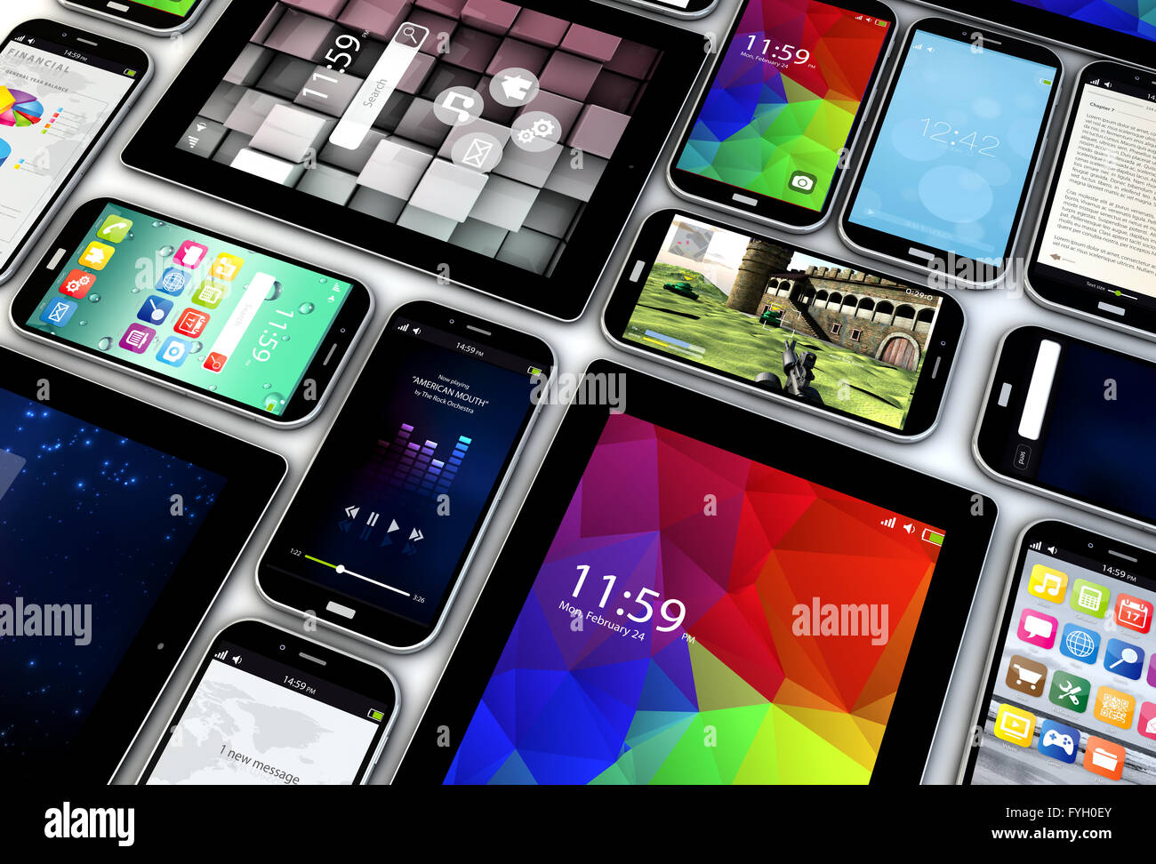 Concetto di mobilità: eseguire il rendering di un insieme di dispositivi  portatili, tablet e smartphone con diverse schermate Foto stock - Alamy