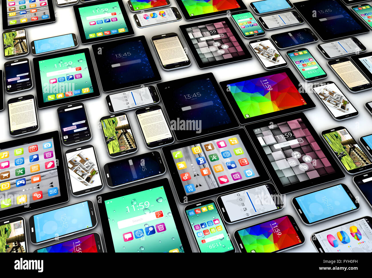 Creative abstract la mobilità e la comunicazione digitale senza fili concetto: gruppo di tablet PC e smartphone moderno o telefono cellulare Foto Stock