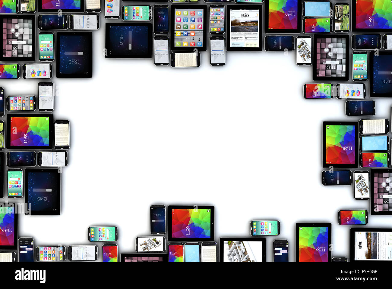 Eseguire il rendering di una raccolta di dispositivi con uno spazio vuoto nel mezzo. Tutti i grafici dello schermo sono costituiti. Foto Stock