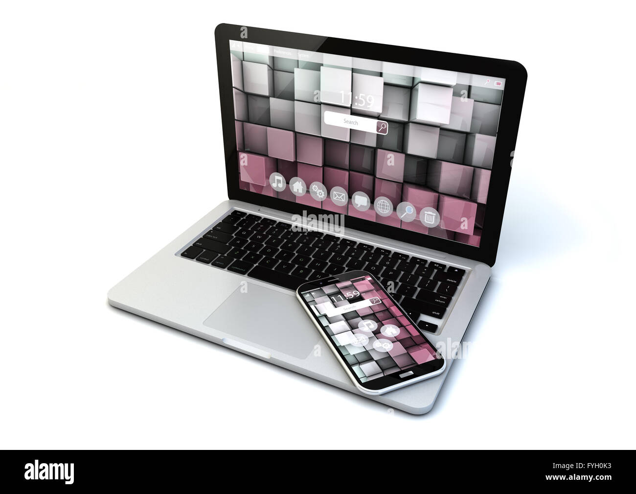 I dispositivi mobili di comunicazione senza fili e la tecnologia internet web concept: business notebook e smartphone moderno con colorati Foto Stock