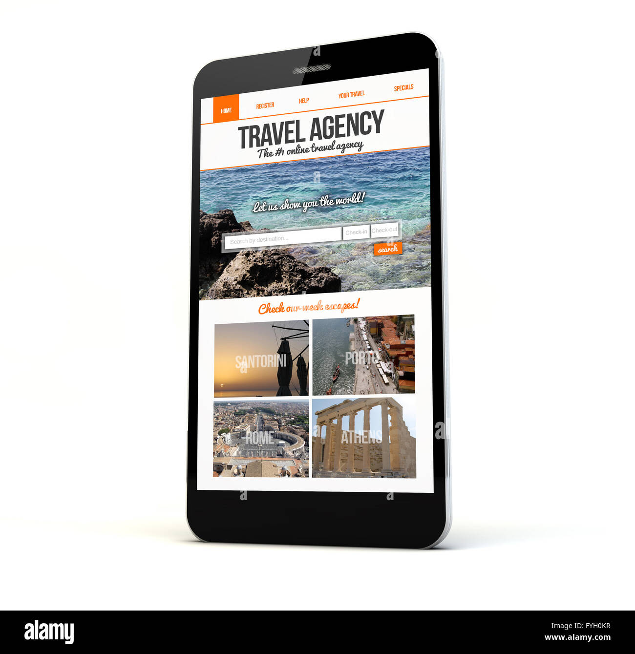 Eseguire il rendering di un telefono con agenzia di viaggi sito web sullo schermo isolato. Grafici dello schermo sono costituiti. Foto Stock