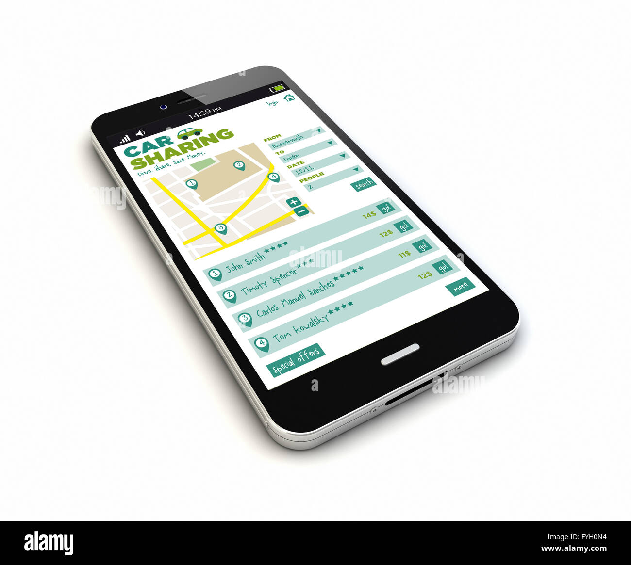 Eseguire il rendering di un originale dello smartphone con il car sharing app sullo schermo. Grafici dello schermo sono costituiti. Foto Stock
