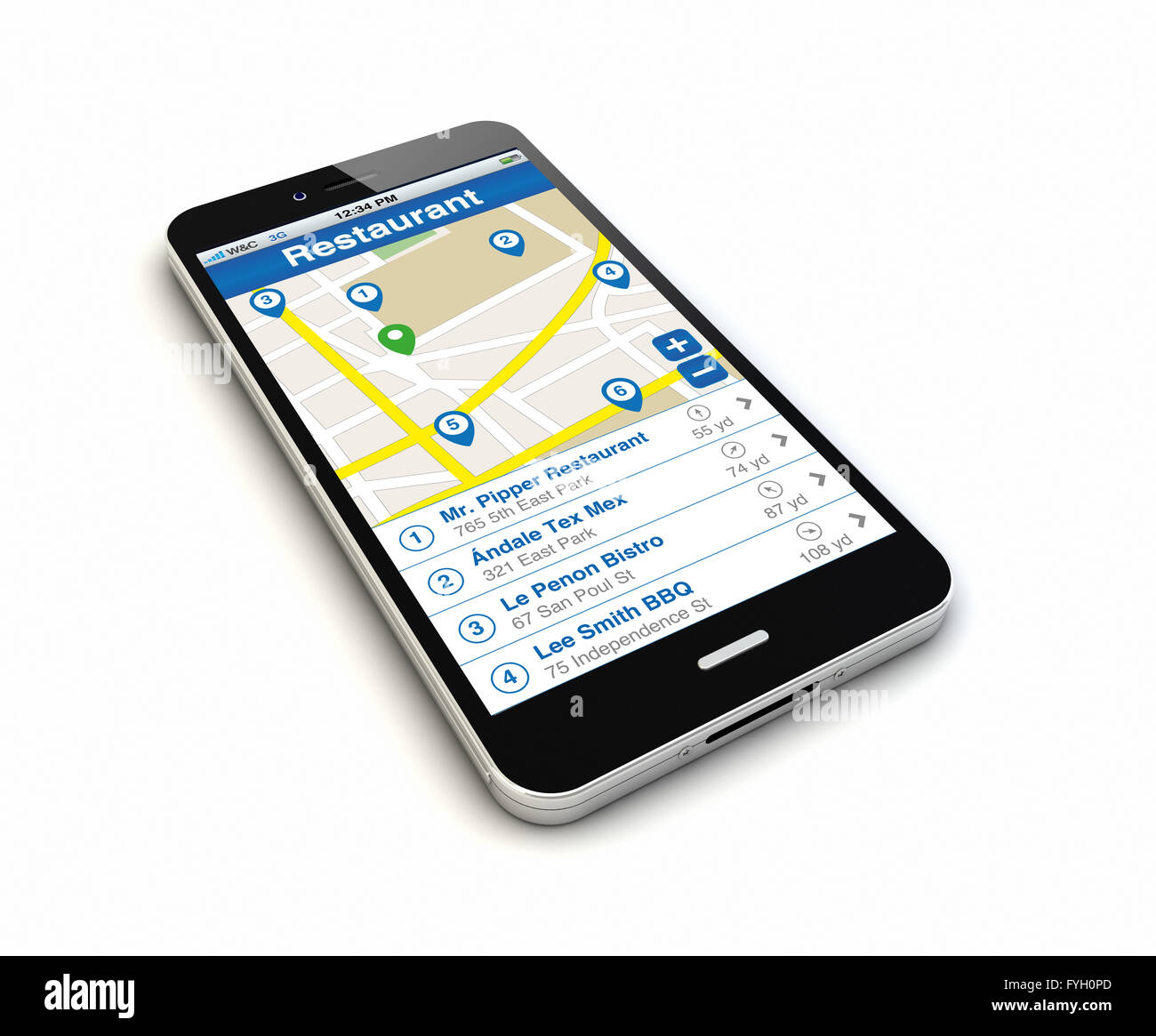 Eseguire il rendering di un isolato smartphone originale con ricerca ristorante app sullo schermo. Tutti i grafici dello schermo sono costituiti. Foto Stock