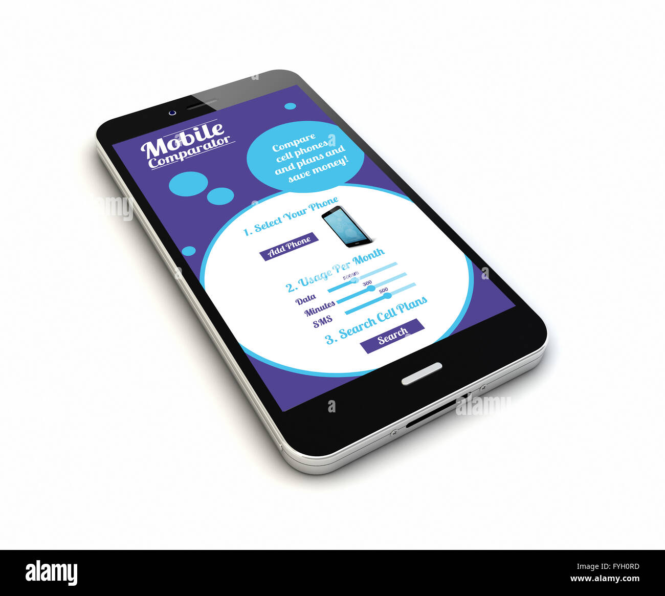 Eseguire il rendering di un originale smartphone con tassi di mobili e piani comparatore sullo schermo. Grafici dello schermo sono costituiti. Foto Stock