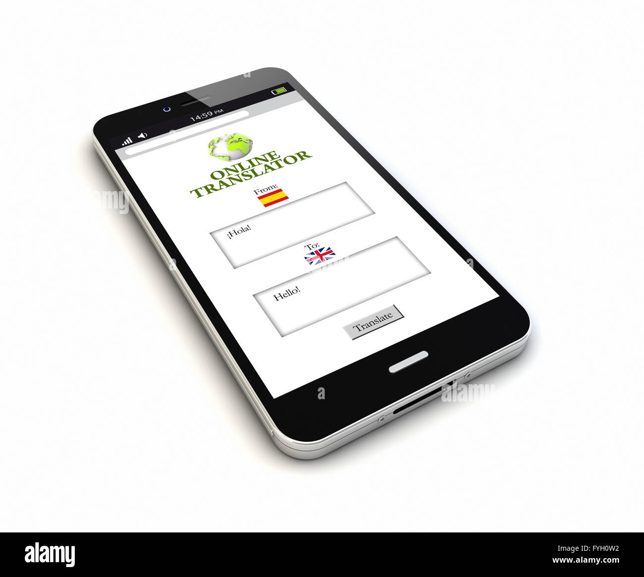 Eseguire il rendering di un originale smartphone con traduttore sullo schermo. Grafici dello schermo sono costituiti. Foto Stock