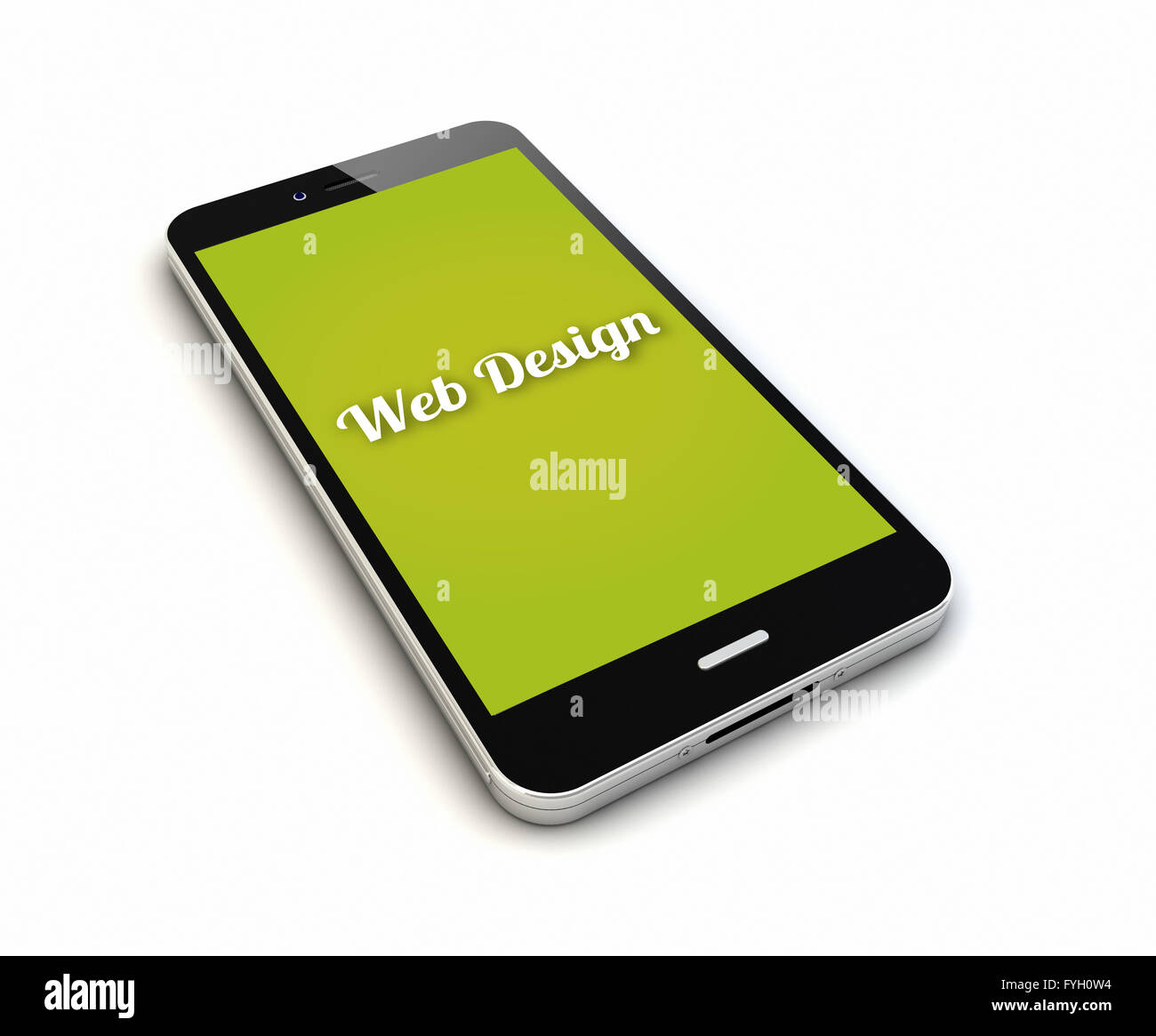 Eseguire il rendering di un originale smartphone con web design sullo schermo. Grafici dello schermo sono costituiti. Foto Stock