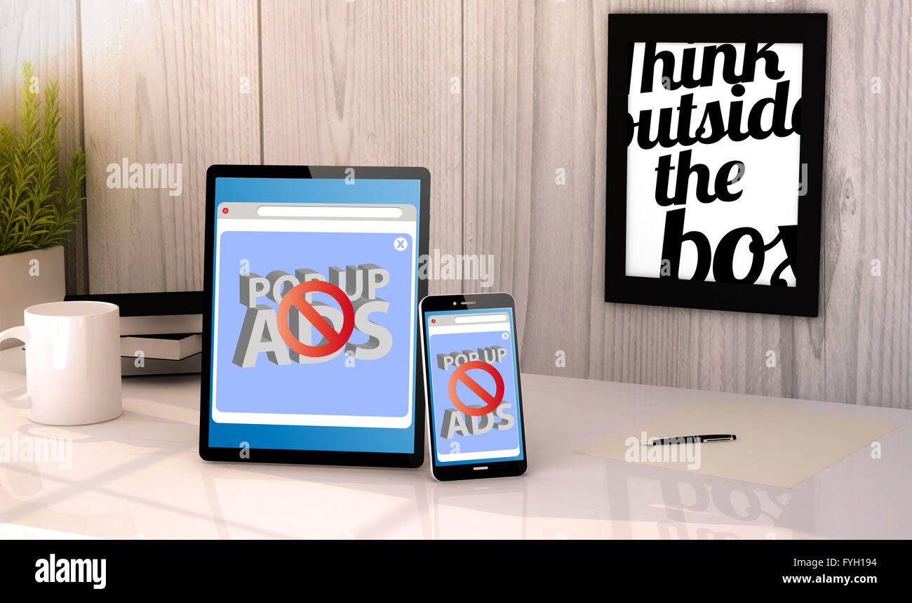 Generata digitale compressa e telefono sul desktop di un luogo di lavoro con annunci blocker sullo schermo. Tutti i grafici sono fatti. Foto Stock
