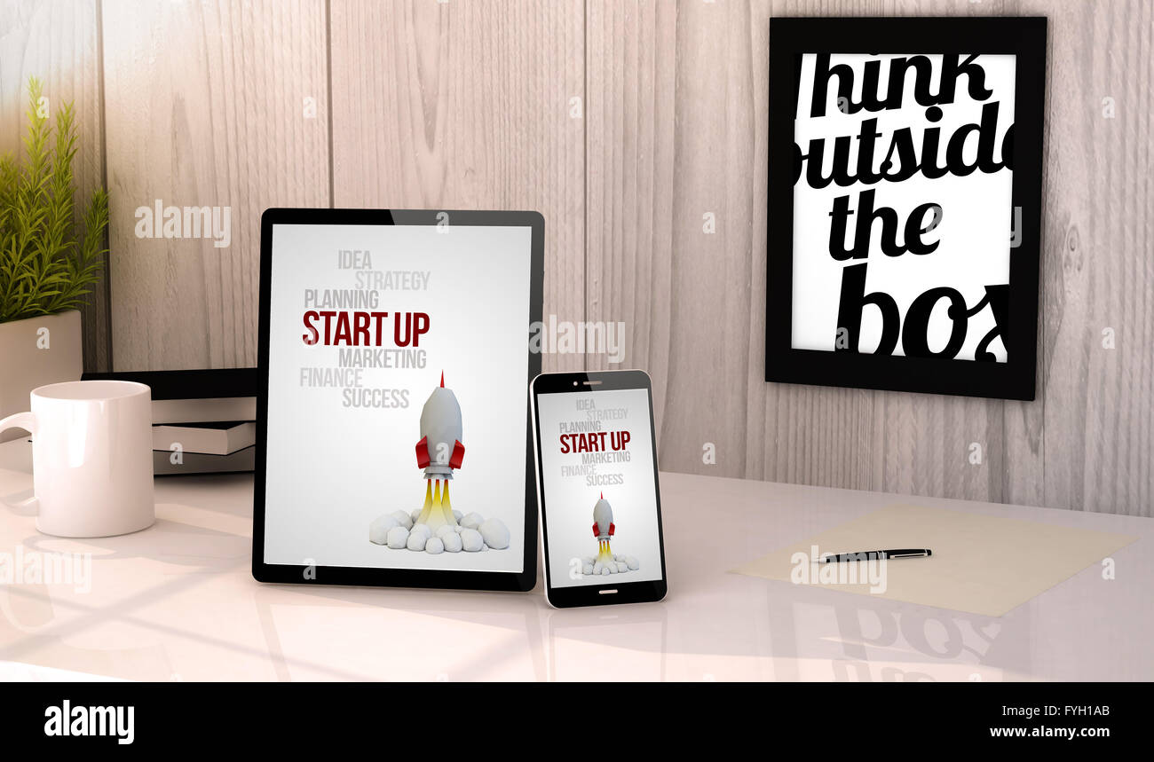 Generata digitale compressa e telefono sul desktop di un luogo di lavoro con start up sullo schermo. Tutti i grafici sono fatti. Foto Stock