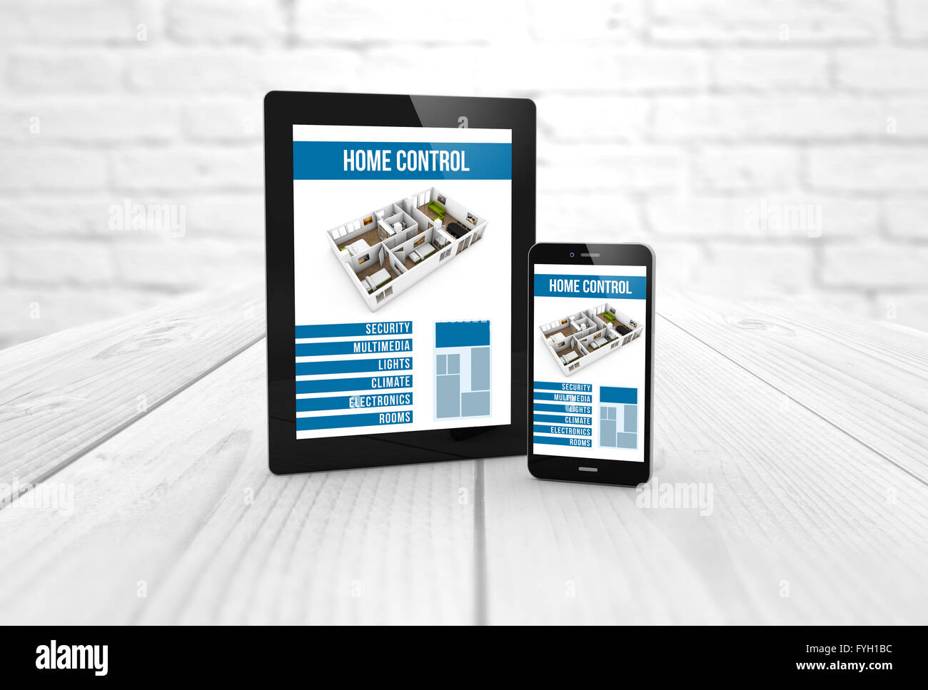 Smart controller di energia o remote home il controllo online home automation system su una tavoletta digitale e lo smartphone. Tutti grap dello schermo Foto Stock