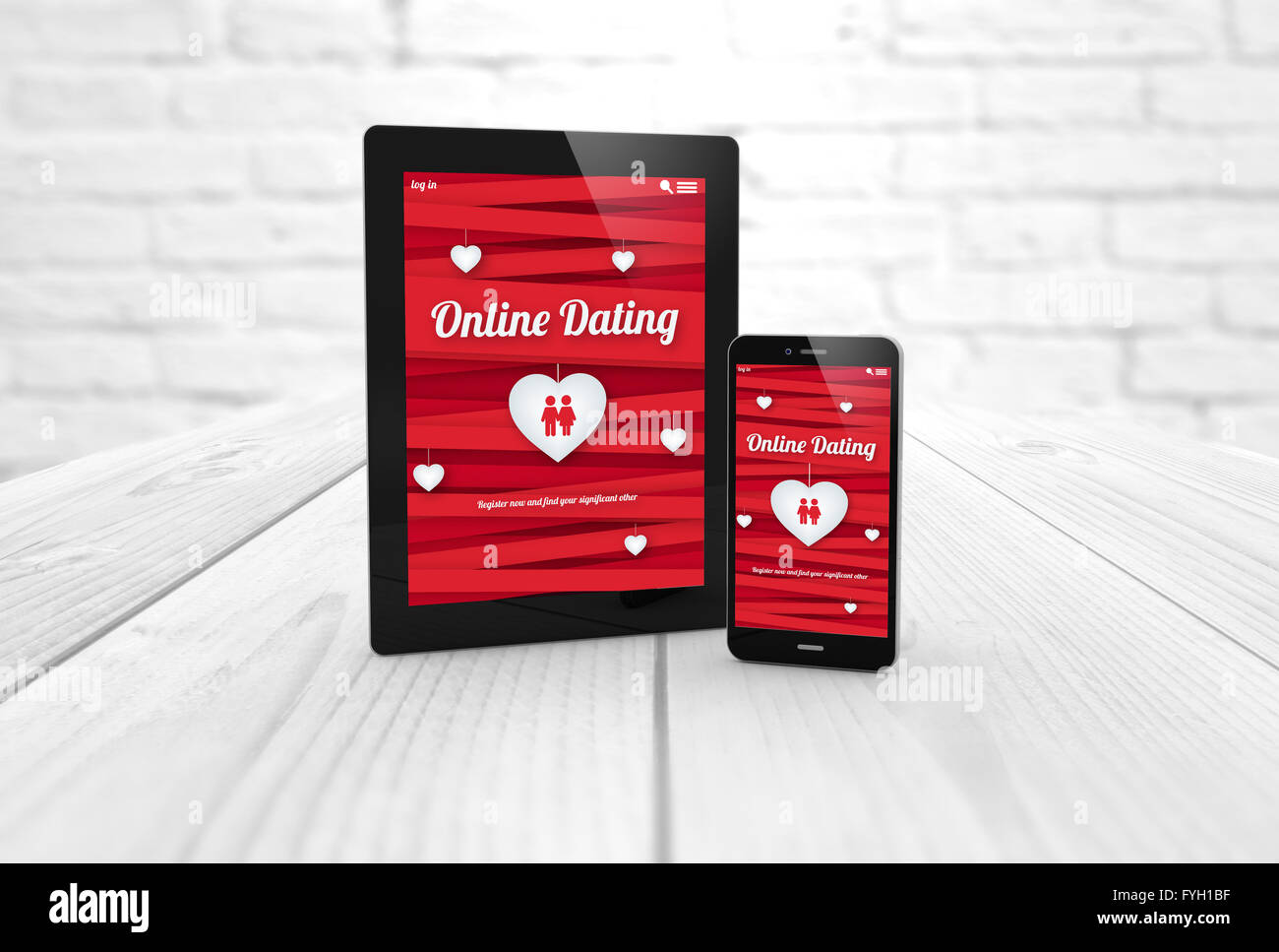 Online dating website su un digital generato display tablet e smartphone. Tutti i grafici dello schermo sono costituiti. Foto Stock