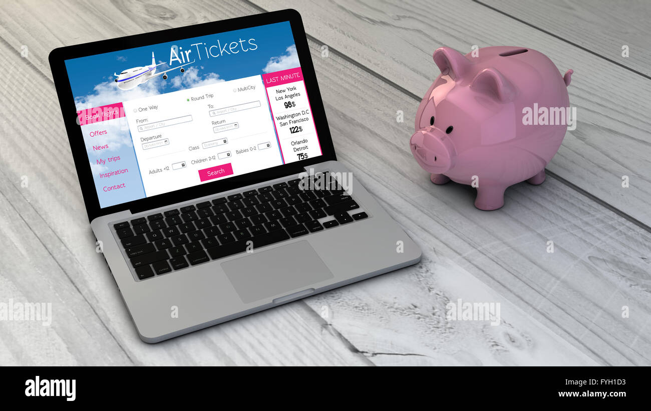 Il concetto di risparmio: piggybank e biglietti di volo notebook web sulla scrivania in legno. Tutti i grafici dello schermo sono realizzati fino Foto Stock